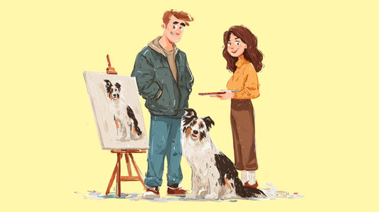 artist making a hand painted dog portrait for a customer