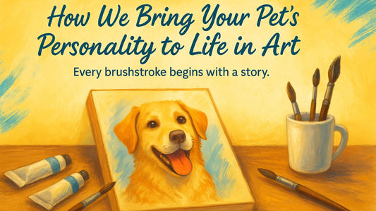 custom canvas painting of a golden retriever on an artist's desk