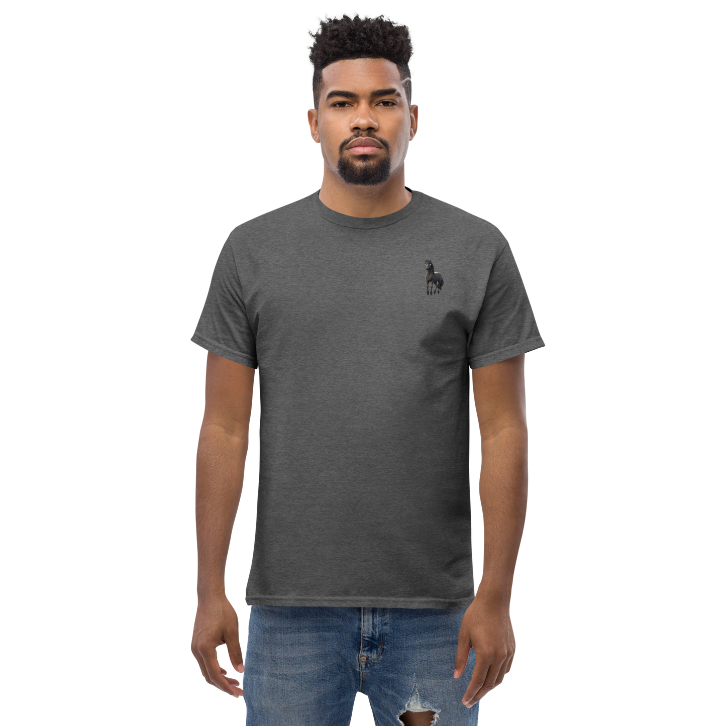 dark heather Custom Pet Men’s Classic Tee for a horse named Bella