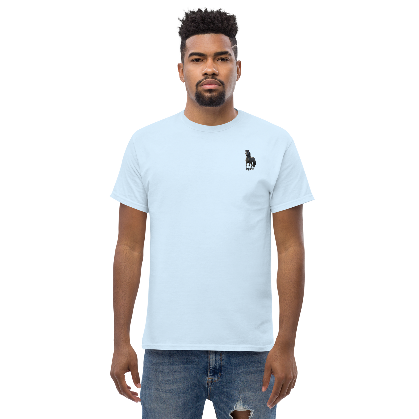 light blue Custom Pet Men’s Classic Tee for a horse named Bella