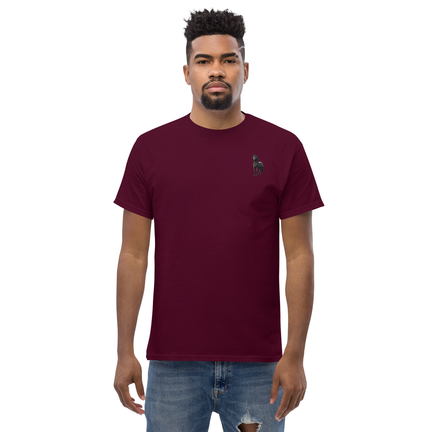 maroon Custom Pet Men’s Classic Tee for a horse named Bella
