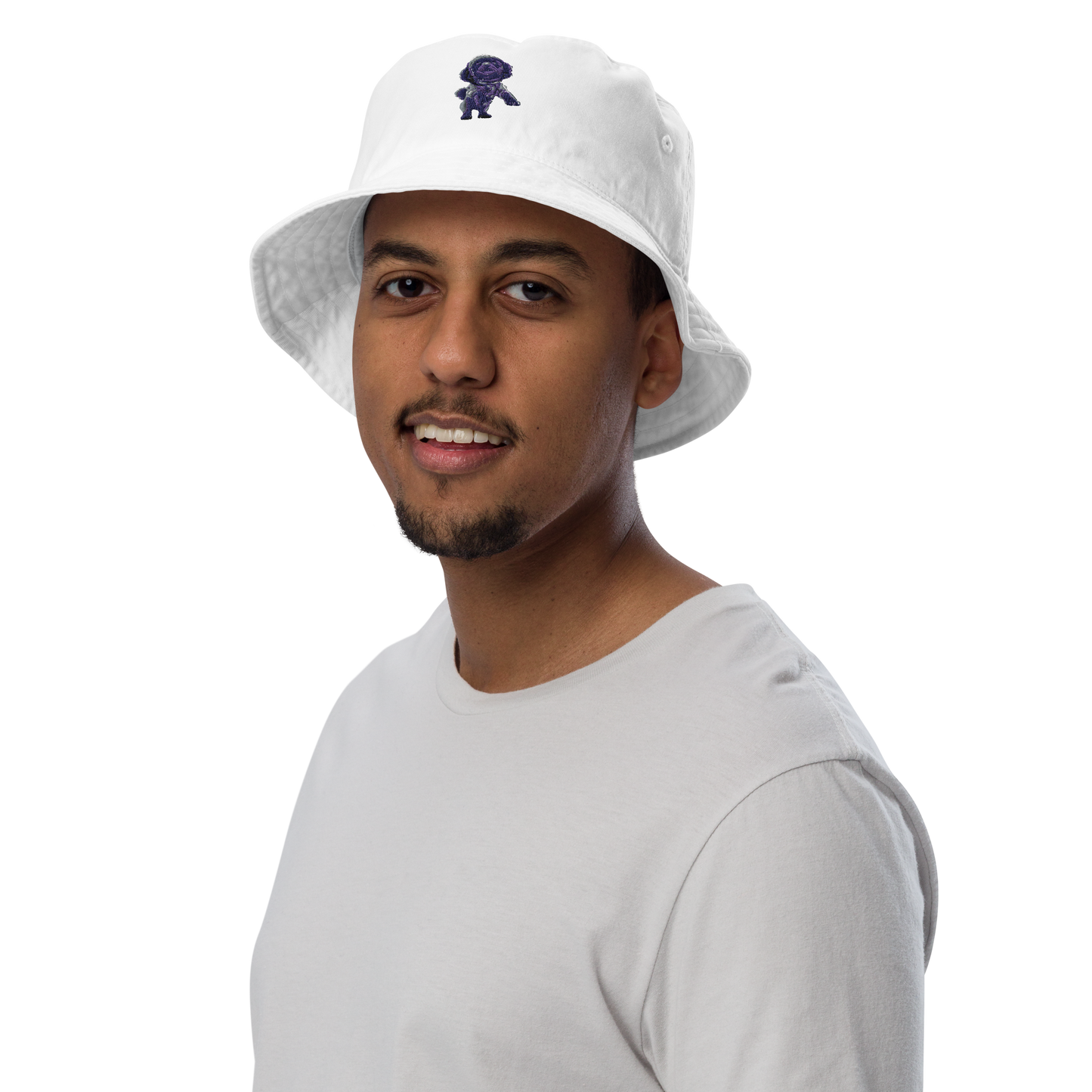 white Custom Pet Organic Bucket Hat for a dog named Bella
