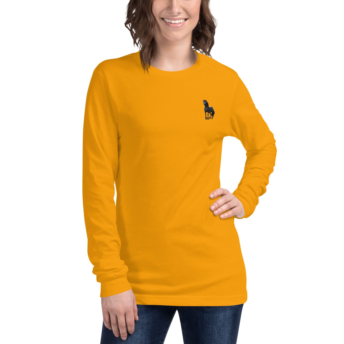 gold Custom Pet Unisex Long Sleeve Tee for a horse named Bella