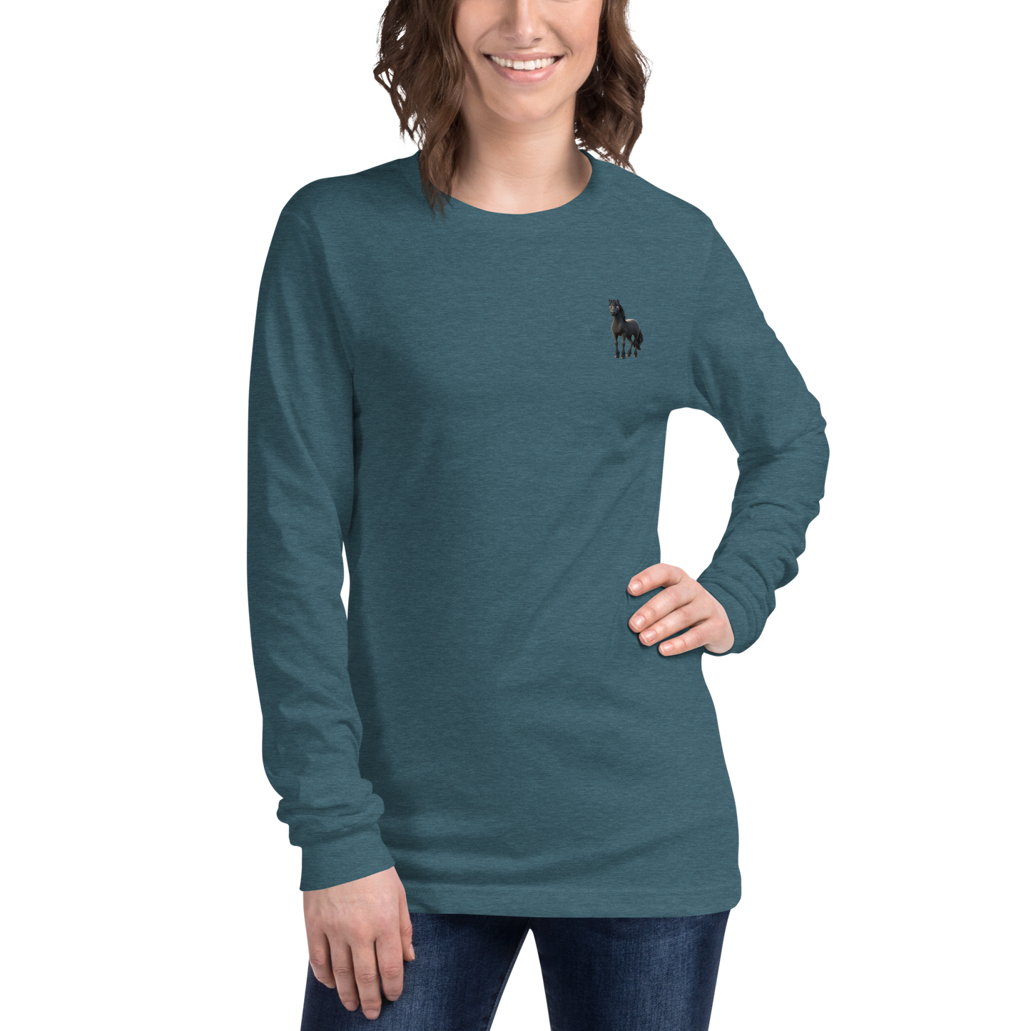 heather deep teal Custom Pet Unisex Long Sleeve Tee for a horse named Bella