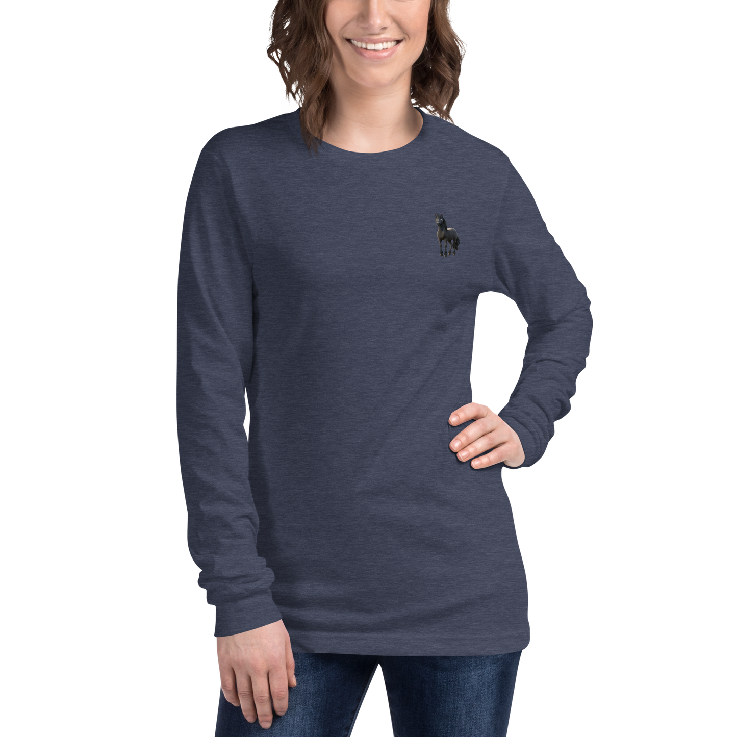 heather navy Custom Pet Unisex Long Sleeve Tee for a horse named Bella