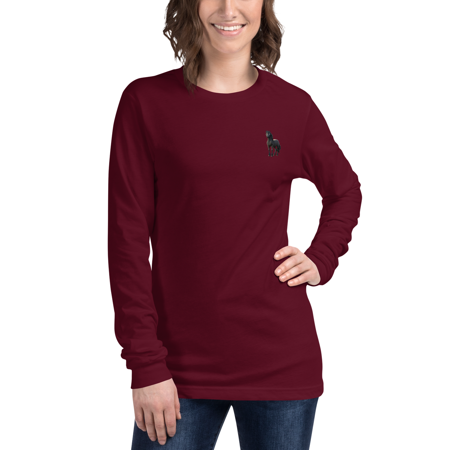 maroon Custom Pet Unisex Long Sleeve Tee for a horse named Bella