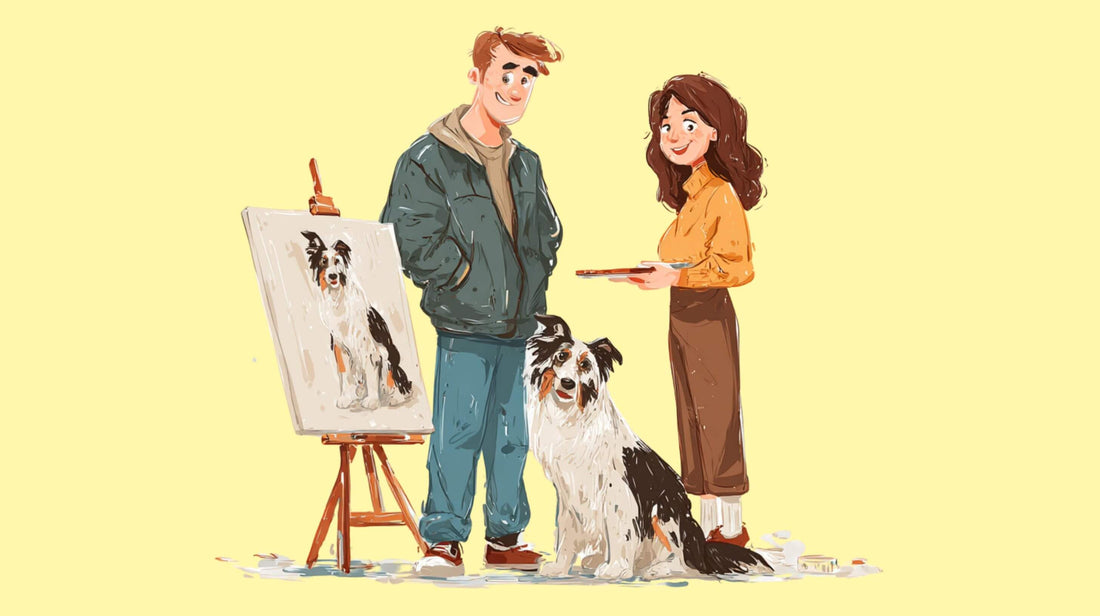 artist making a hand painted dog portrait for a customer