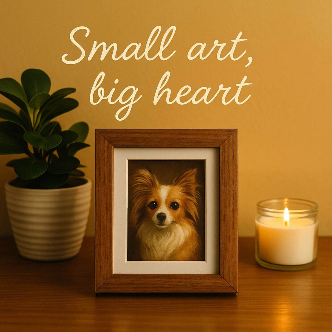 Mini framed pet portrait styled on a shelf with warm, cozy décor