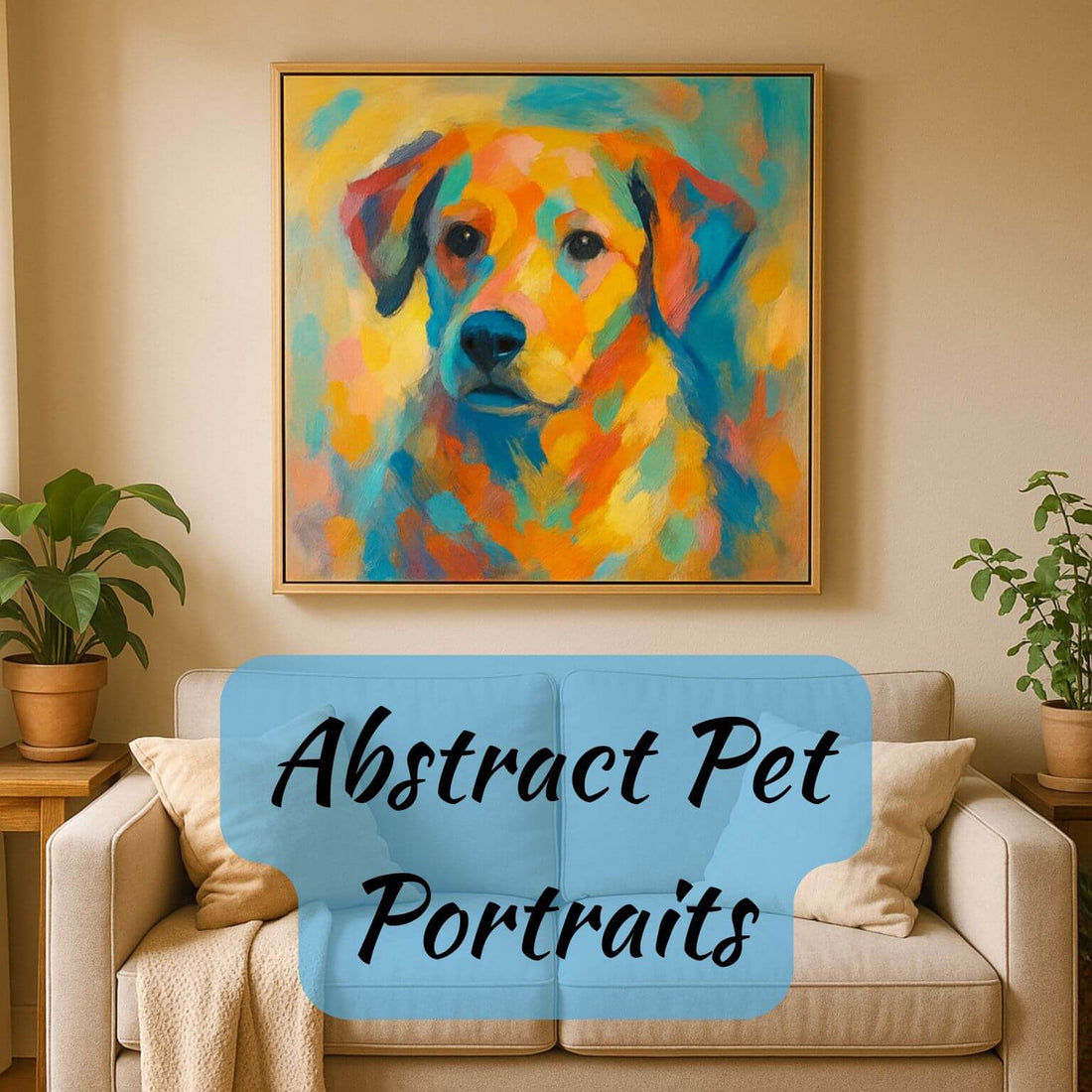 Abstract pet portrait displayed in a cozy modern living room, featuring expressive colors and soft brushwork.