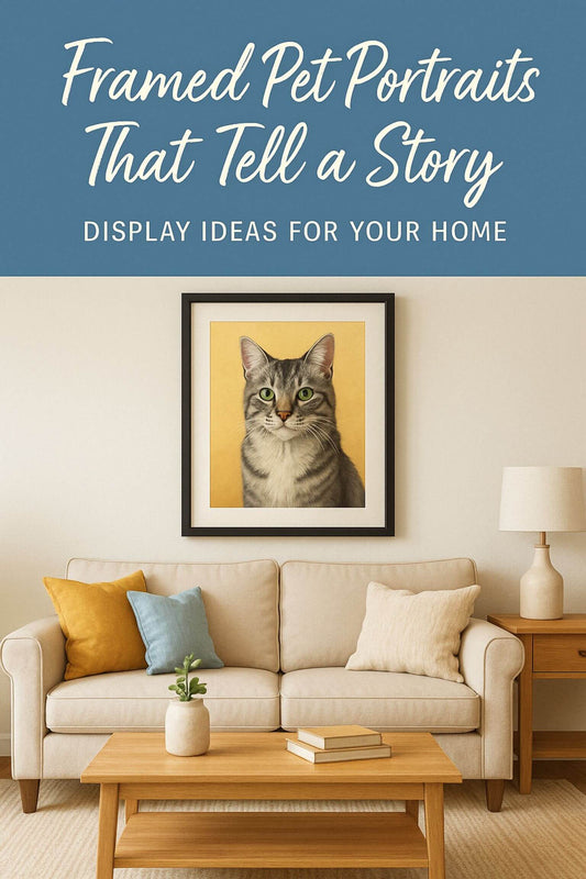 A framed custom pet portrait displayed in a cozy living room setting, symbolizing how artwork brings a pet’s story and personality into the home.