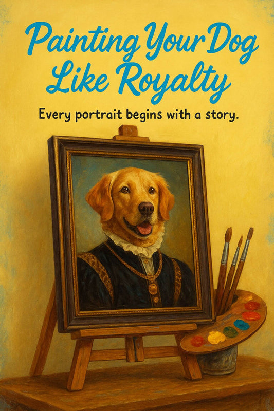 Framed royal-style pet portrait on an artist’s easel with brushes and palette.