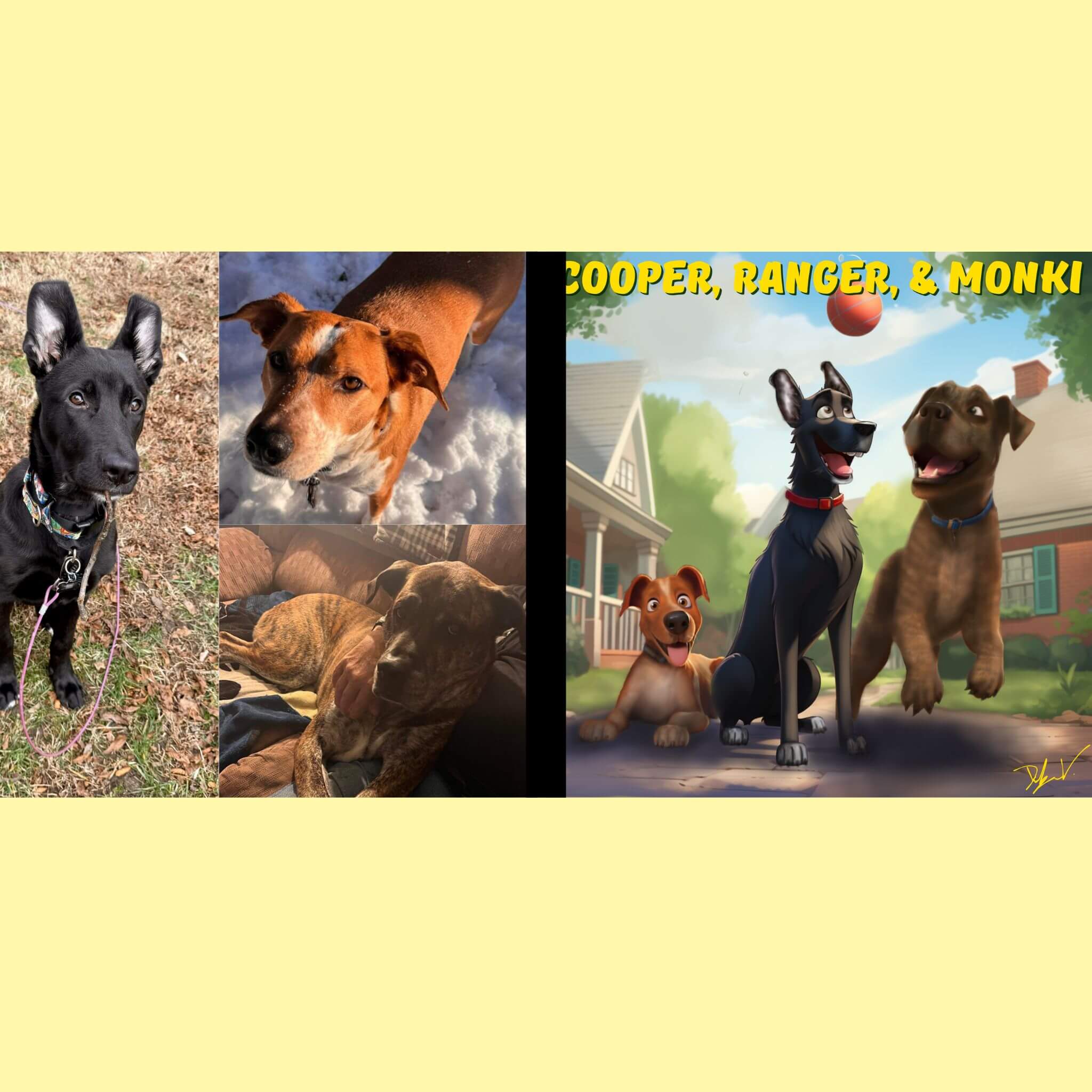 custom pet portrait from a photo for three dogs named Cooper, Ranger, and Monki