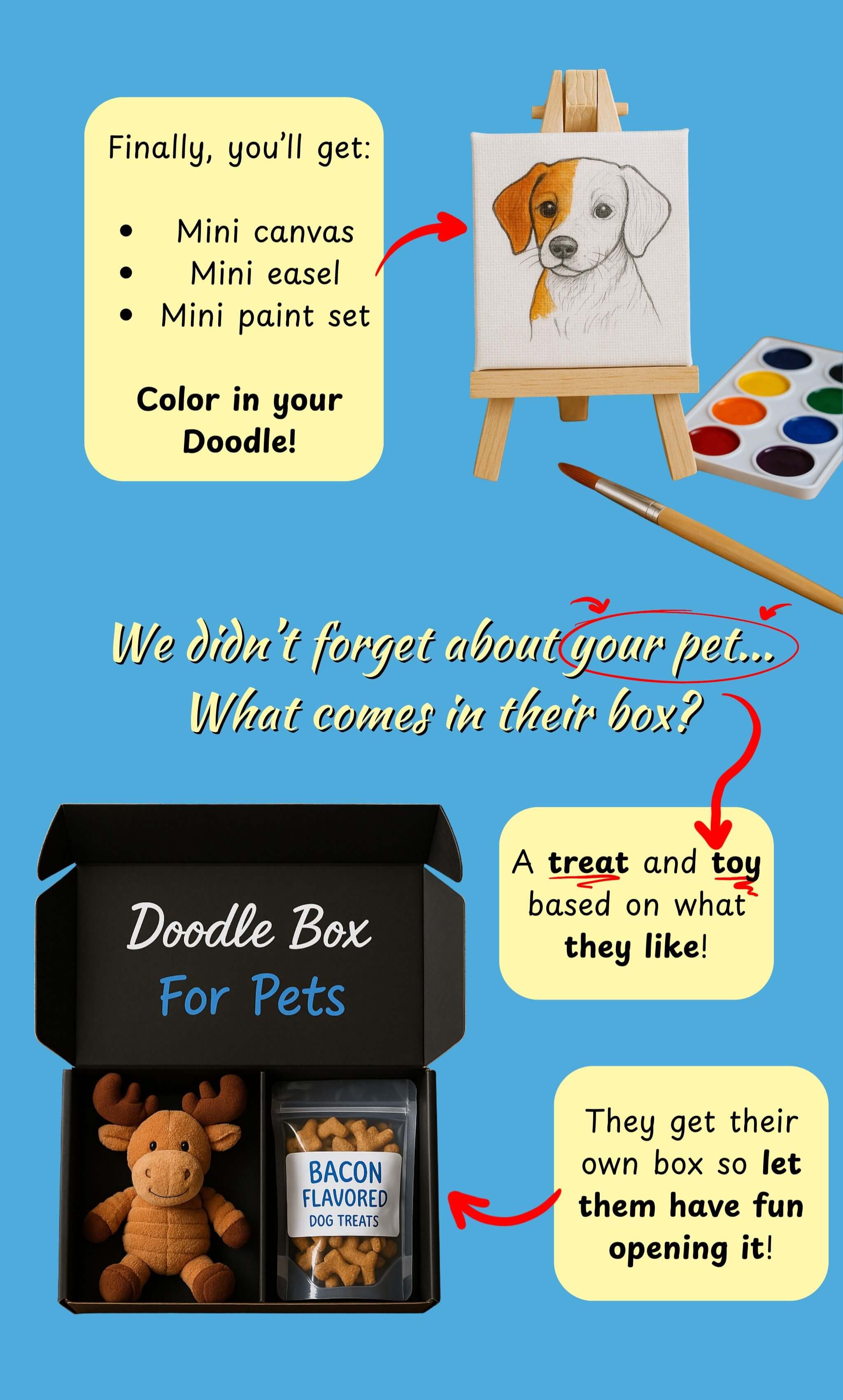 A graphic that shows what comes in the Doodle Box for your pet. It comes with a toy and treat curated for your pet.
