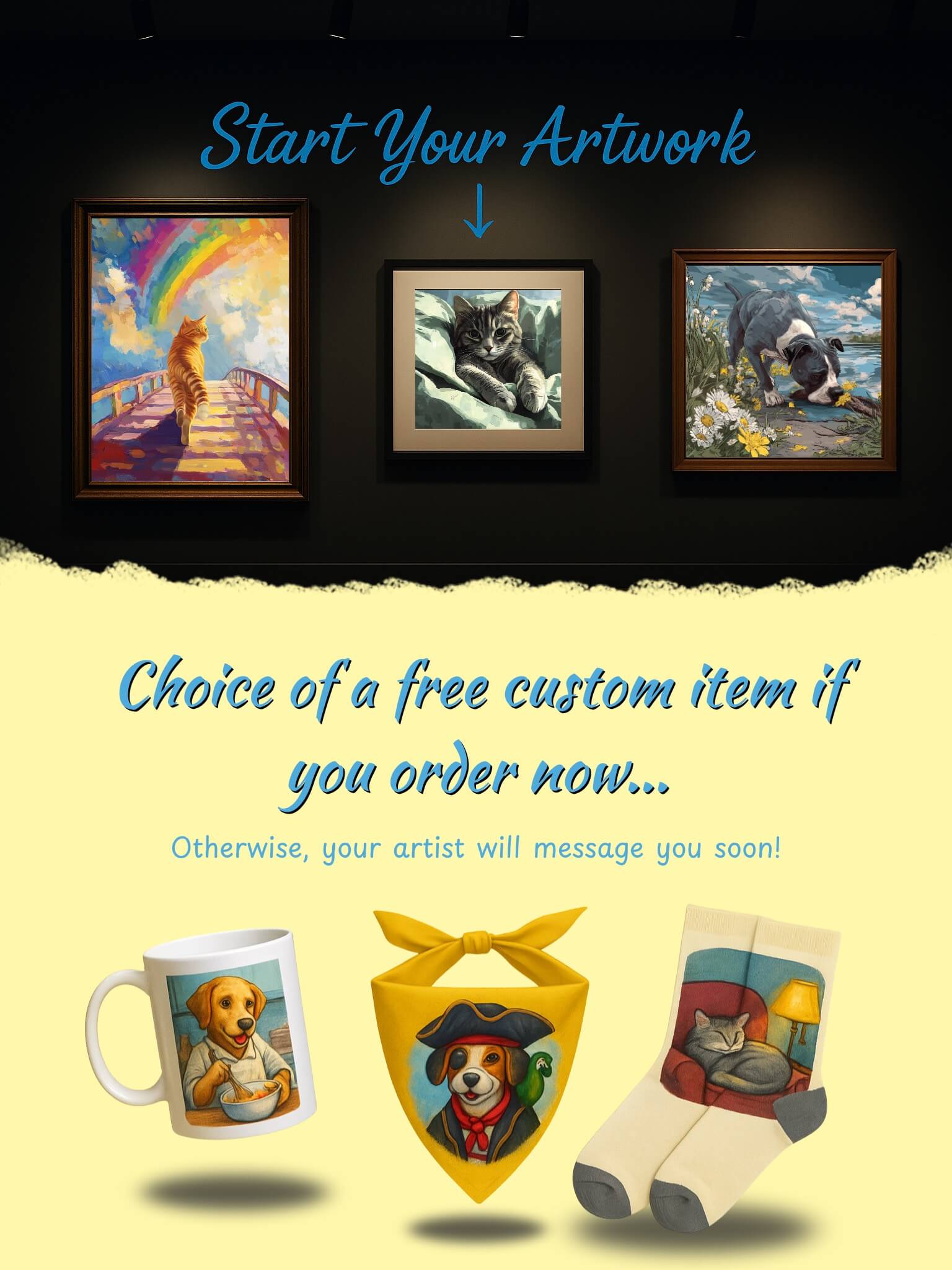 desktop version graphic show three different pet portraits and letting customers know they get a free custom item with their pet's artwork on it