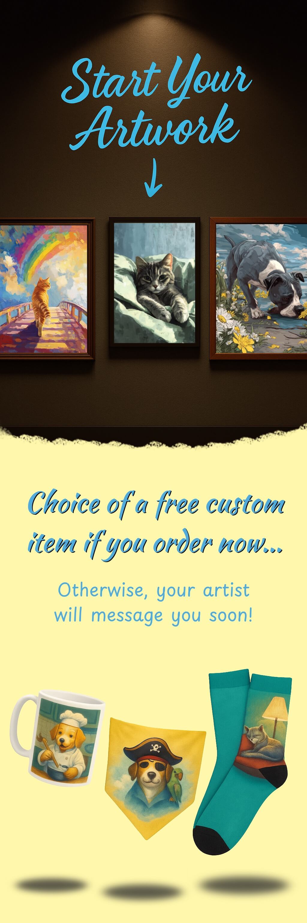 mobile version graphic show three different pet portraits and letting customers know they get a free custom item with their pet's artwork on it