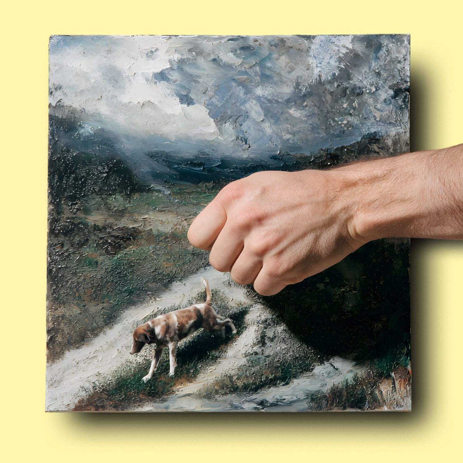 artists hand reaching out to finish painting a custom dog portrait in nature