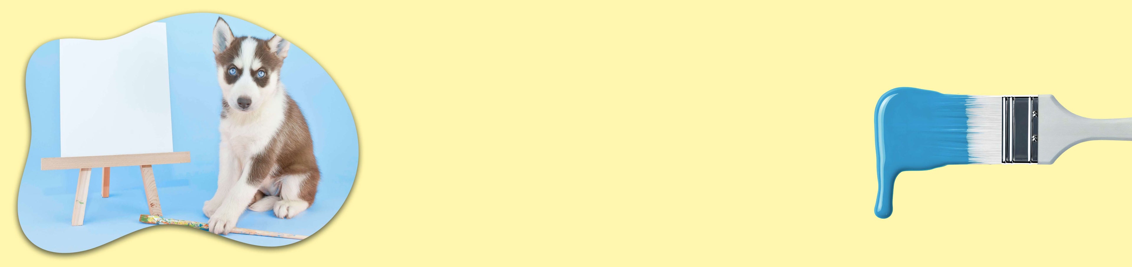 A yellow background with a dog on the side sitting next to a canvas and paint brush waiting for his personalized pet portrait
