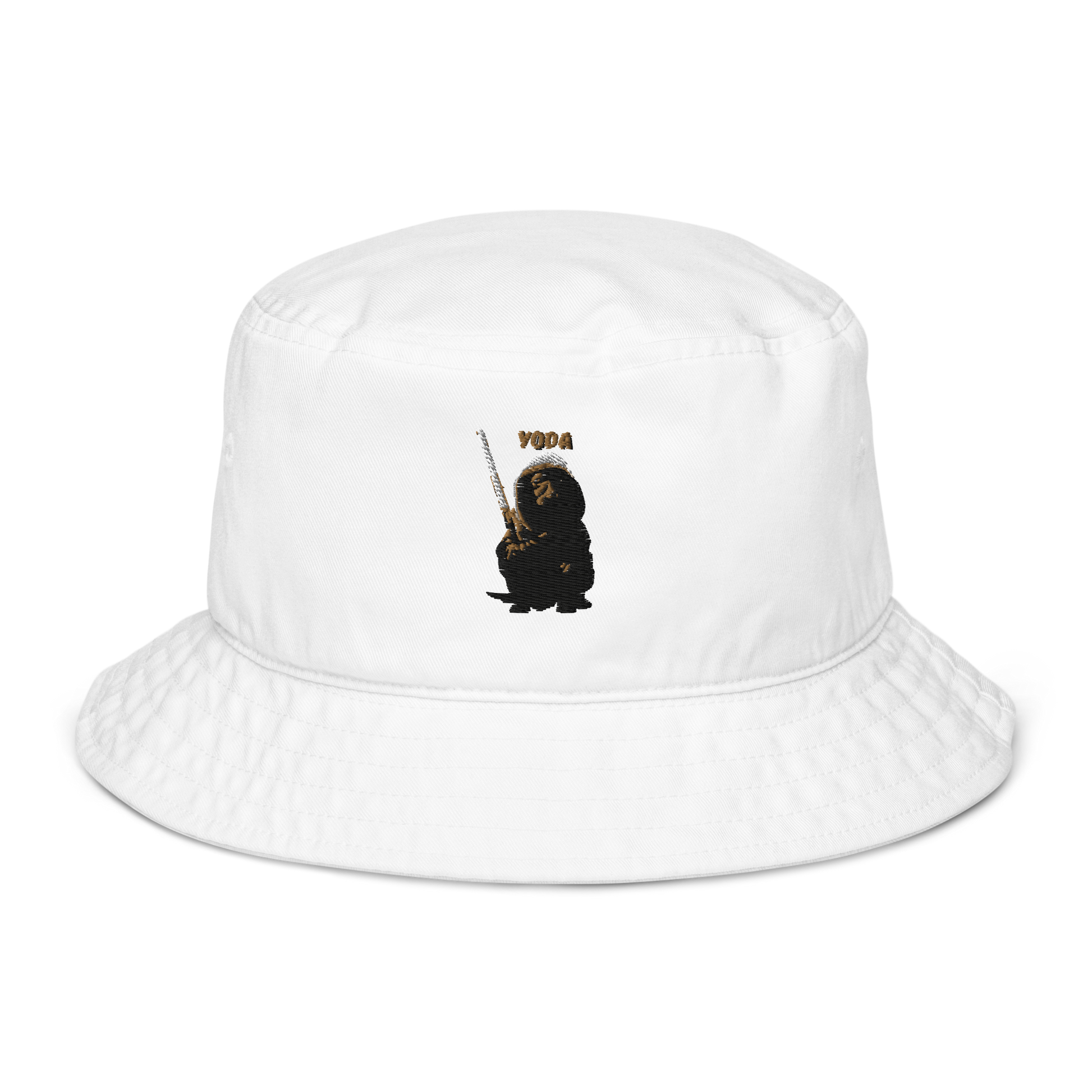 white Custom Pet Organic Bucket Hat for a dog named Yoda