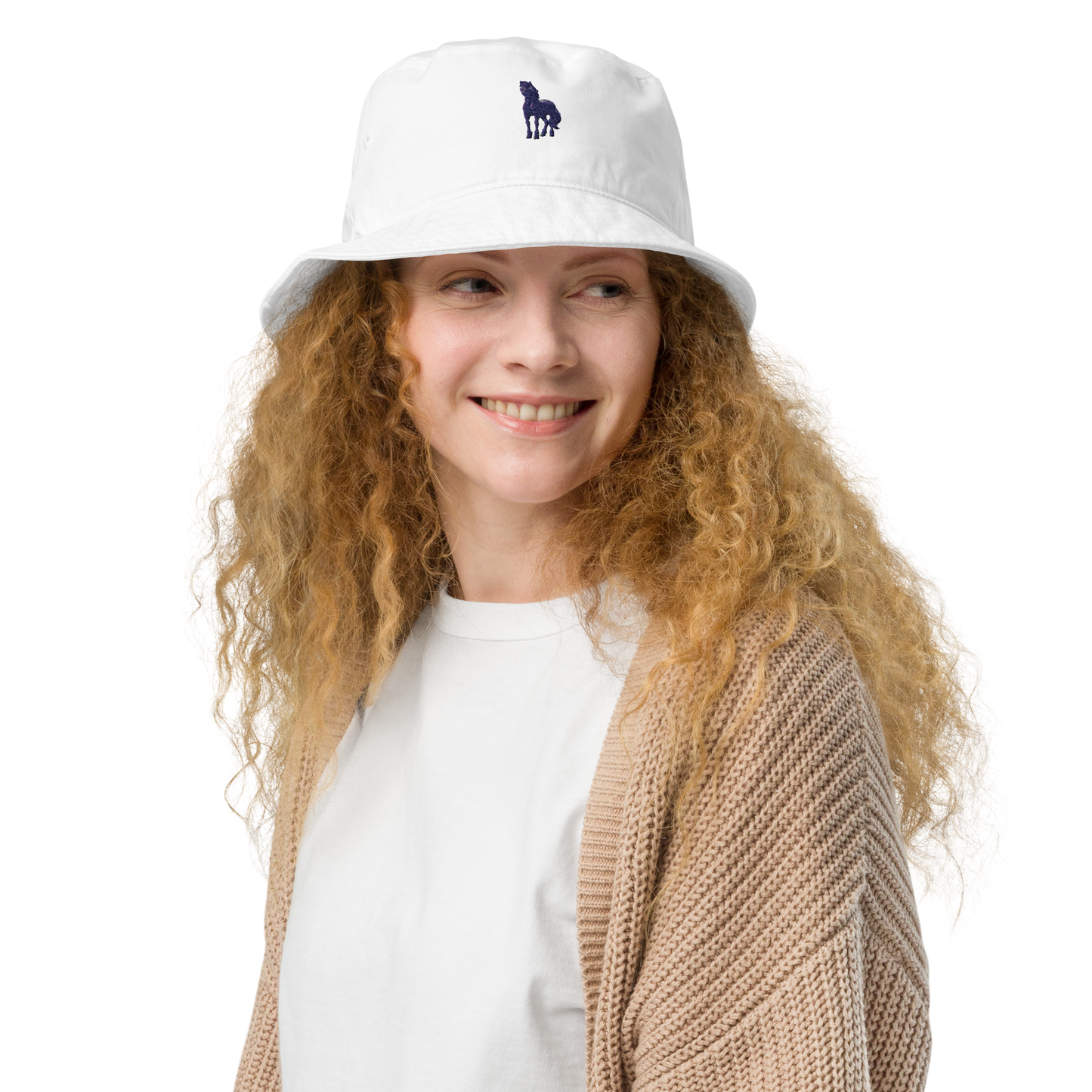 bio white Custom Pet Organic Bucket Hat for a horse named Bella