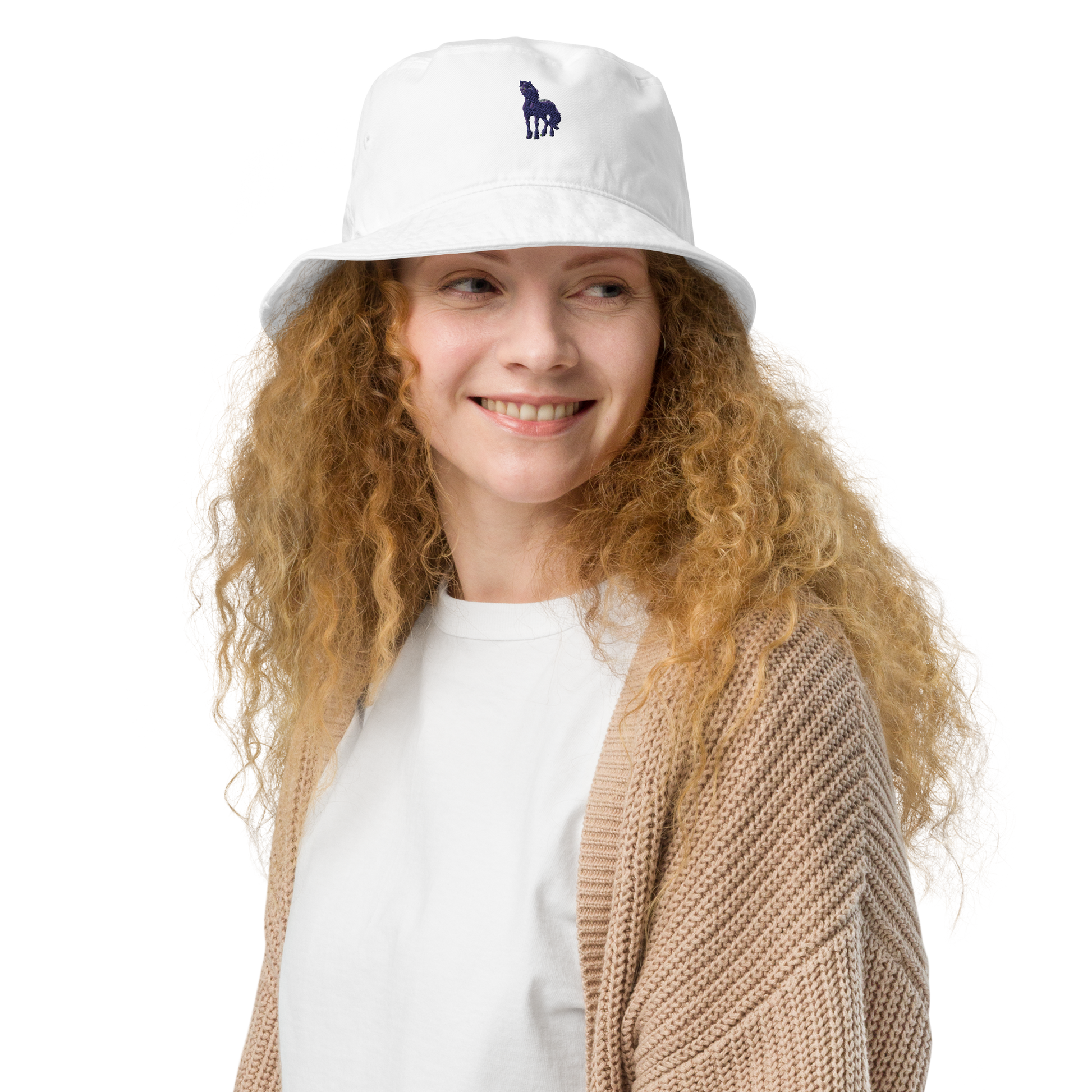 bio white Custom Pet Organic Bucket Hat for a horse named Bella