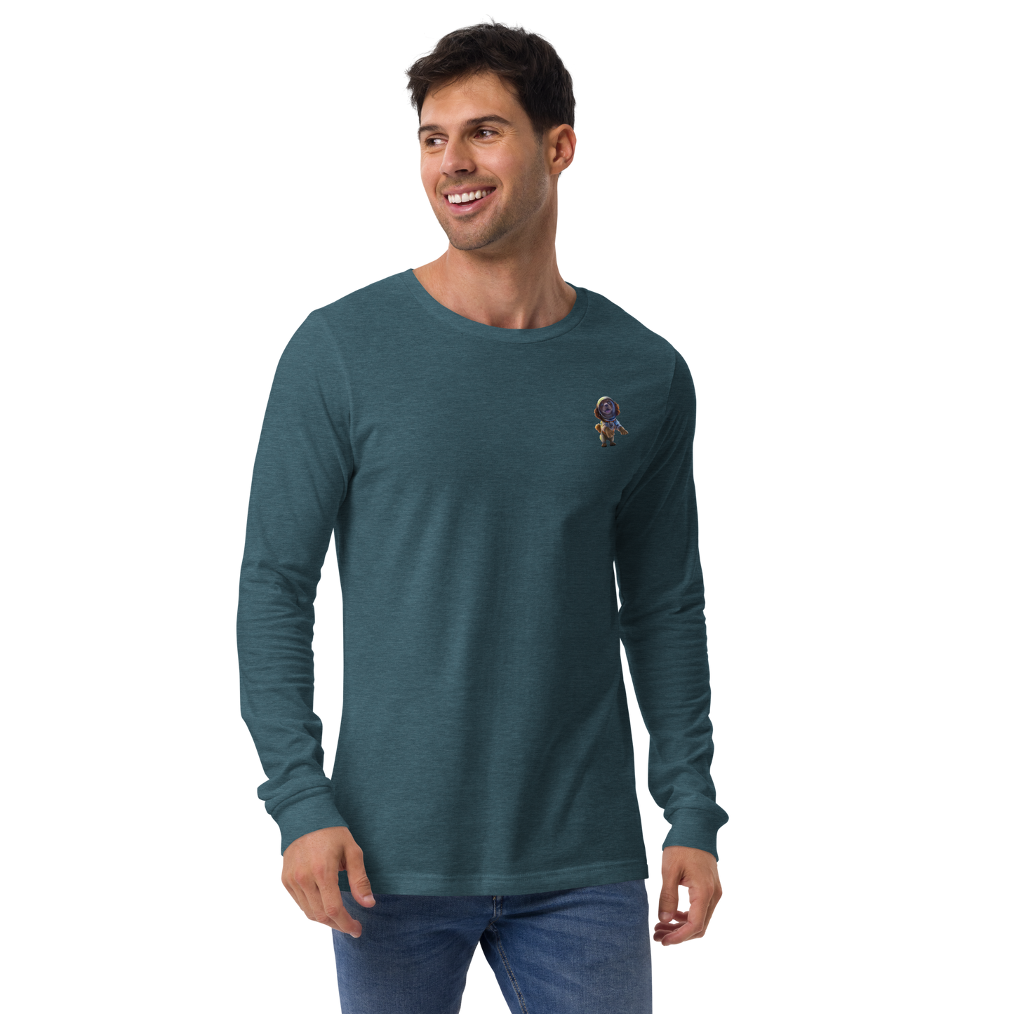 heather deep teal Custom Pet Unisex Long Sleeve Tee for a dog named Bella