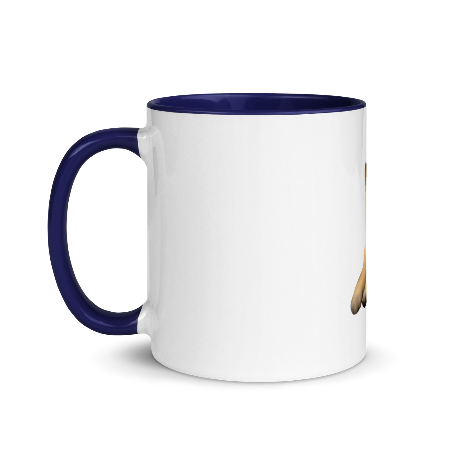 white and dark blue Custom Pet Coffee Mug for a dog named Cooper that loves couches