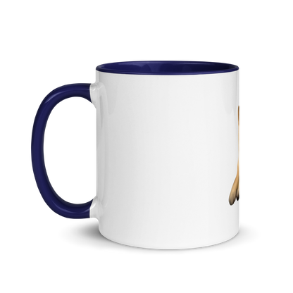 white and dark blue Custom Pet Coffee Mug for a dog named Cooper that loves couches