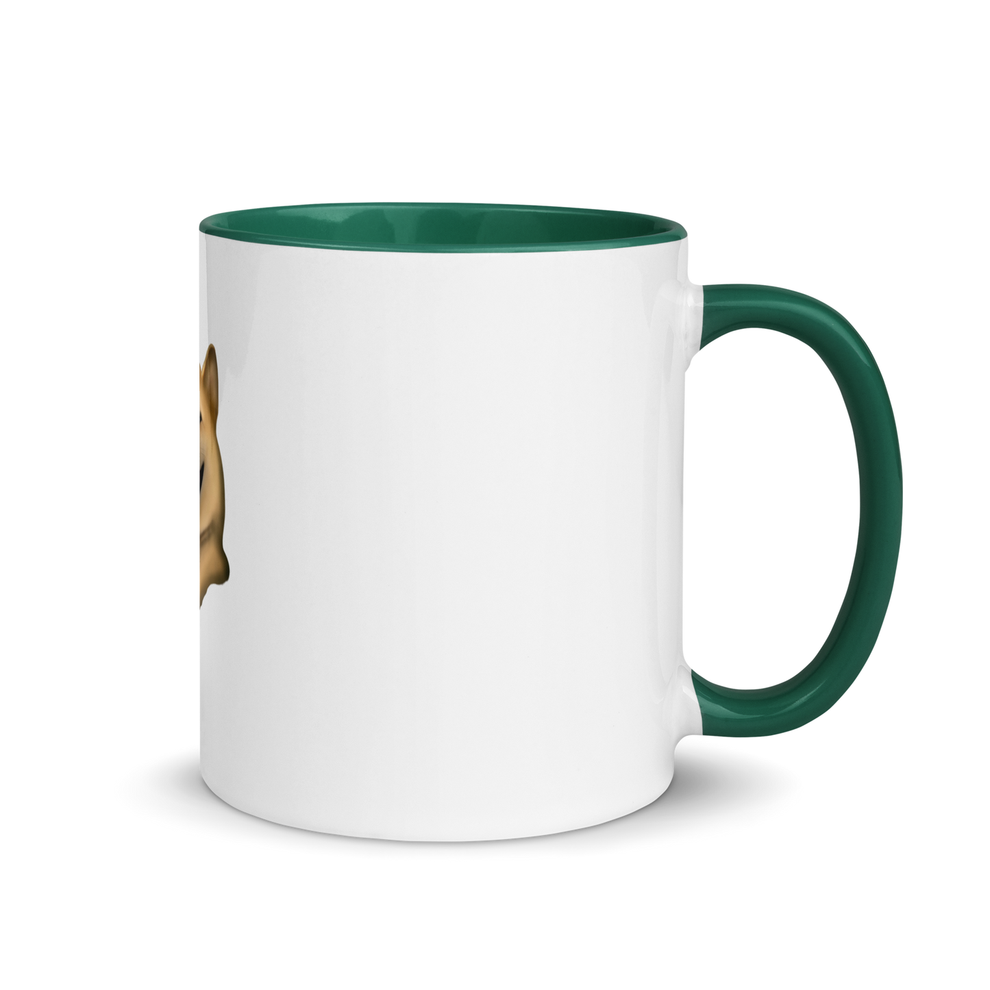 white and dark green Custom Pet Coffee Mug for a dog named Cooper that loves couches