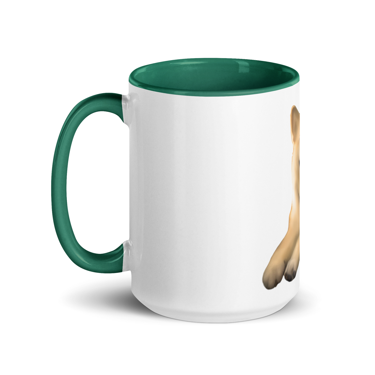 white and dark green Custom Pet Coffee Mug for a dog named Cooper that loves couches