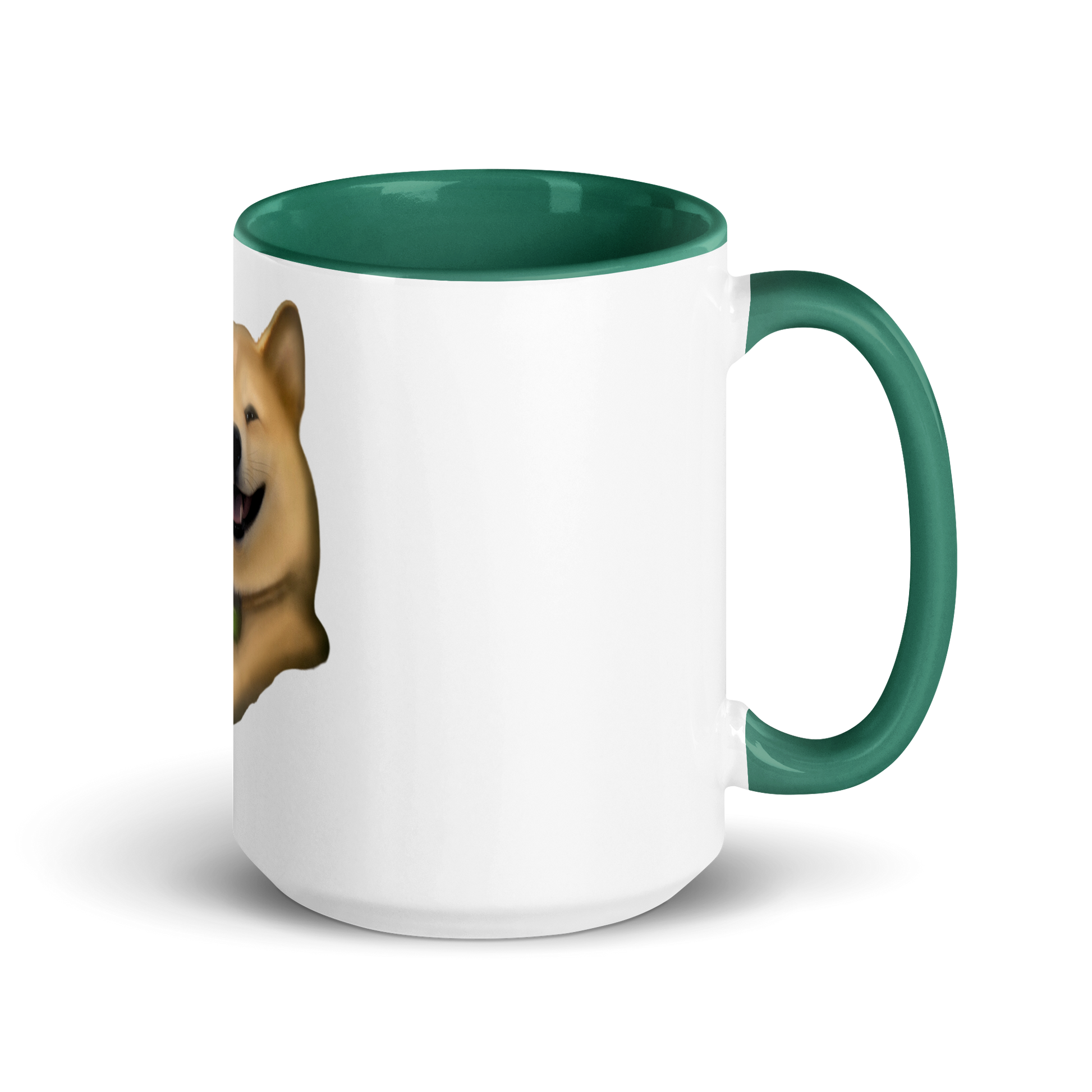 white and dark green Custom Pet Coffee Mug for a dog named Cooper that loves couches