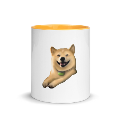 white and golden yellow Custom Pet Coffee Mug for a dog named Cooper that loves couches