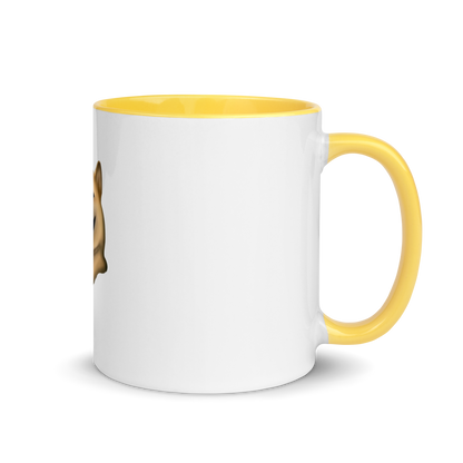 white and yellow Custom Pet Coffee Mug for a dog named Cooper that loves couches